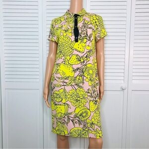 MARC CAIN Pink Yellow Print V-Neck Dress Size Medium